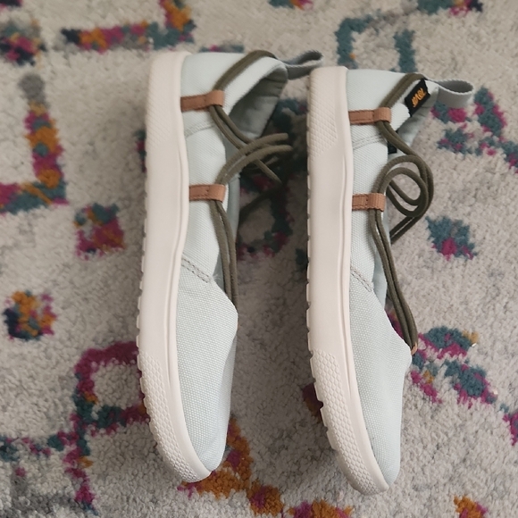 Teva Women's Light Green Canvas Slip-On Flats with Olive Straps - Picture 6 of 11